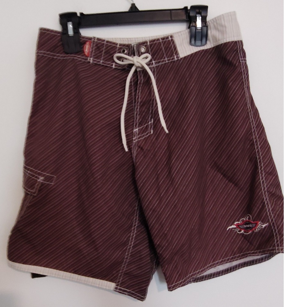Sims Mens Board Shorts Burgundy Pinstripe Swim Trunks Size 32 Cargo Pocket